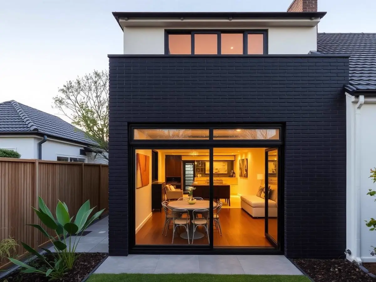 Black brick rear extension with steel framed glazing opening to a garden